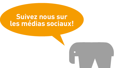 RAMPA on Social Media The RAMPAfant with a speech bubble promoting RAMPA's social media channels: "Follow us on social media and stay up to date!"