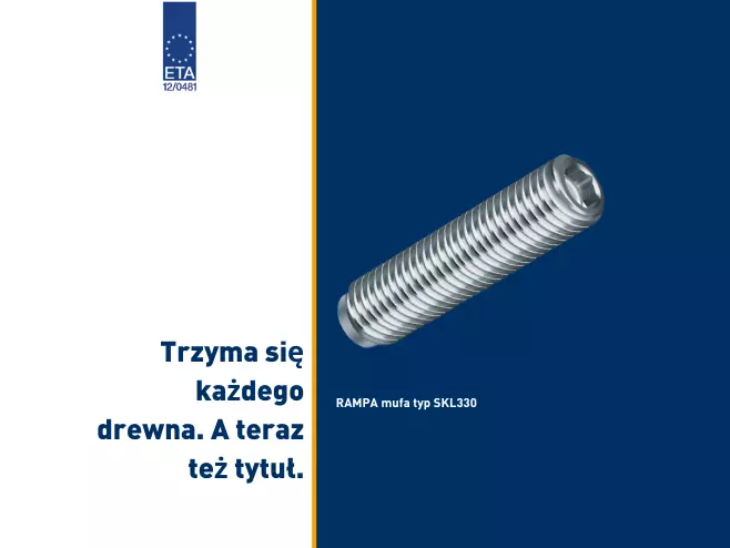 The RAMPA insert type SKL330 is shown as an example of ETA-approved threaded inserts. To the left is the ETA slogan "Holds any wood. And a title.".