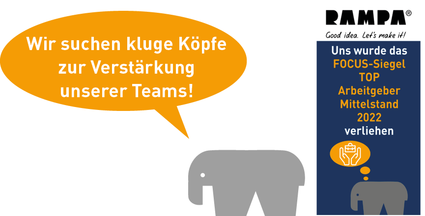 RAMPAfant Top-Arbeitgeber Das Siegel "Top Arbeitgeber im Mittelstand" und der RAMPAfant mit einer Sprechblase, der sagt: "Wir suchen kluge Köpfe zur Verstärkung unseres Teams!"