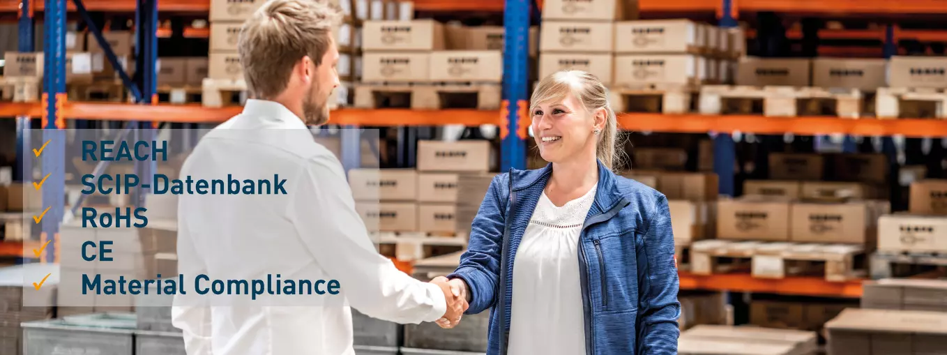 Two people are shaking hands in a warehouse. The picture is meant to convey RAMPA's commitment to Material Compliance topics. The picture also shows that we have good coverage of REACH, SCIP database, RoHS, CE and Material Compliance topics in general.