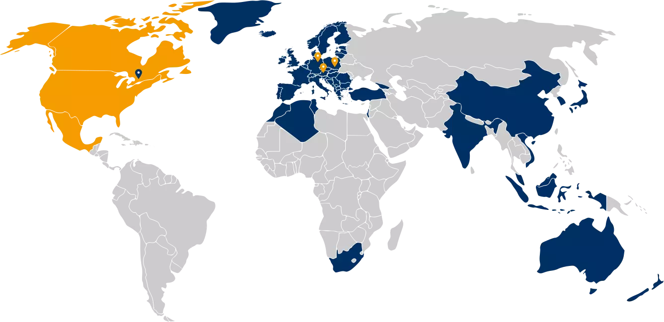 A world map that uses blue and orange pins to show where RAMPA and RAMPA Tec distribute RAMPA products everywhere. The orange pins also give an overview of RAMPA's locations and the blue pin marks RAMPA Tec's location in Canada.