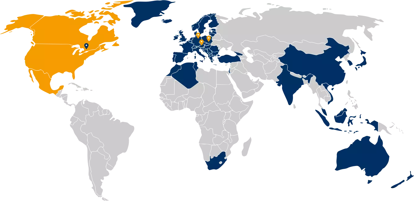 RAMPA is international: Locations and sales regions A world map that uses blue and orange pins to show where RAMPA and RAMPA Tec distribute RAMPA products everywhere. The orange pins also give an overview of RAMPA's locations and the blue pin marks RAMPA Tec's location in Canada.