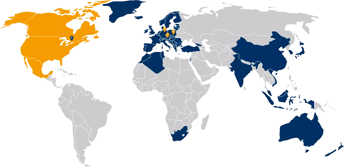 A world map that uses blue and orange pins to show where RAMPA and RAMPA Tec distribute RAMPA products everywhere. The orange pins also give an overview of RAMPA's locations and the blue pin marks RAMPA Tec's location in Canada.