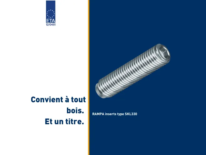 ETA approval for RAMPA inserts The RAMPA insert type SKL330 is shown as an example of ETA-approved threaded inserts. To the left is the ETA slogan "Holds any wood. And a title.".