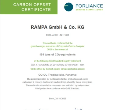 RAMPA's carbon offset certificate 2021
