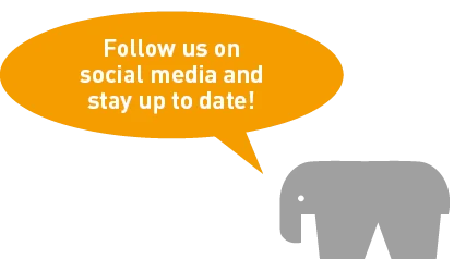 The RAMPAfant with a speech bubble promoting RAMPA's social media channels: "Follow us on social media and stay up to date!"