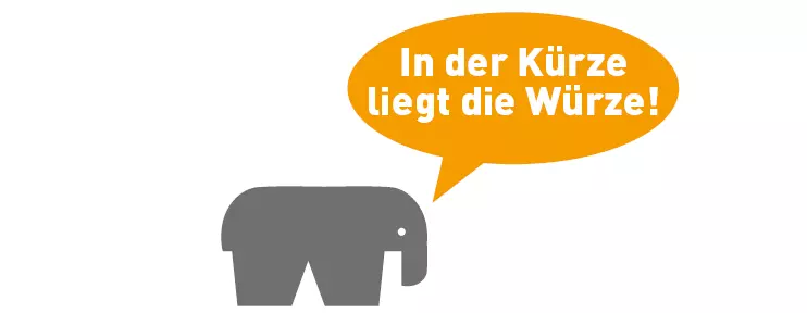 RAMPA Muffen Typ E und RAMPAfant Der RAMPAfant mit einer Sprechblase, der über die kurze RAMPA-Muffe Typ E in HPL sagt: "In der Kürze liegt die Würze!"