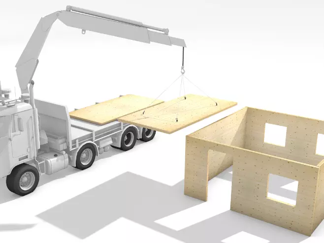 RAMPA lifting system type X: crane lifts wooden element A truck with a crane safely lifting and moving a heavy timber element using the RAMPA lifting system.