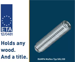 The RAMPA insert type SKL330 is shown as an example of ETA-approved threaded inserts. To the left is the ETA slogan "Holds any wood. And a title.".