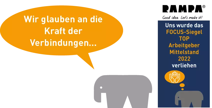 RAMPAfant Top-Arbeitgeber Das Siegel "Top Arbeitgeber im Mittelstand" und der RAMPAfant mit einer Sprechblase, der sagt: "Wir suchen kluge Köpfe zur Verstärkung unseres Teams!"