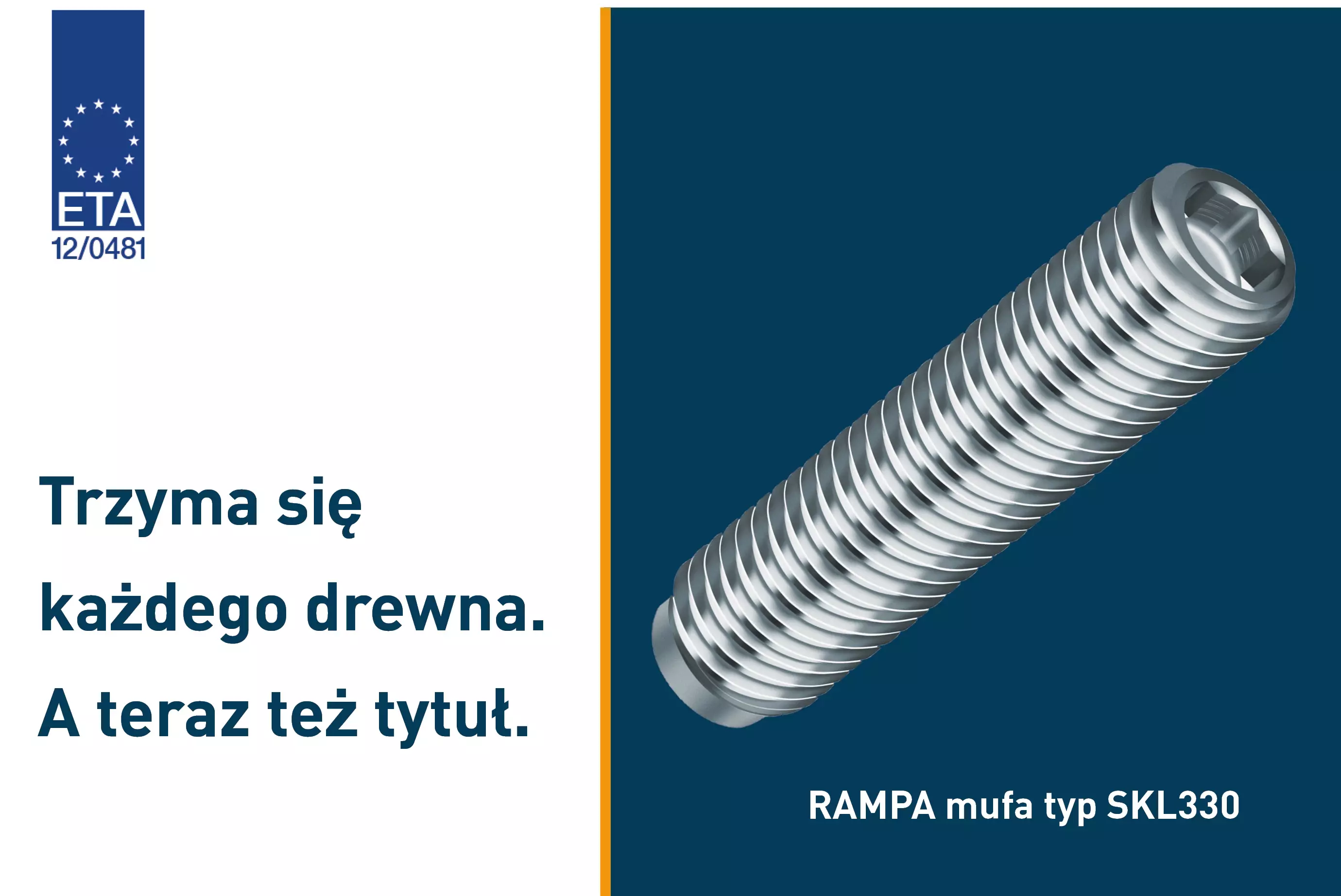 The RAMPA insert type SKL330 is shown as an example of ETA-approved threaded inserts. To the left is the ETA slogan "Holds any wood. And a title.".