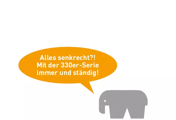 RAMPA Muffen Typ SKL330 Der RAMPAfant mit einer Sprechblase, der sagt: "Alles senkrecht?! Mit der 330er-Serie immer und ständig!"