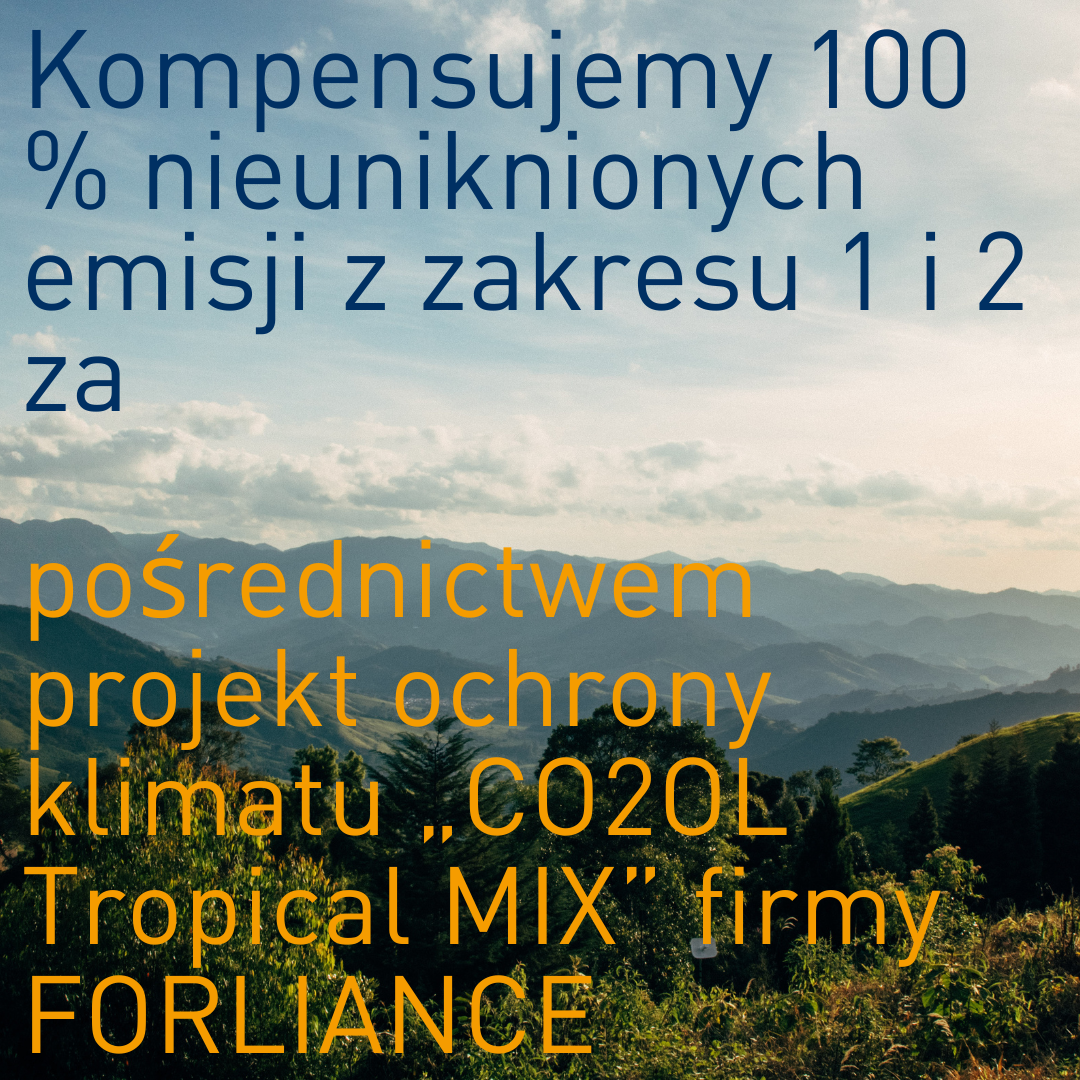 On a nature picture as background it says "Unavoidable emissions from Scope 1 and 2 were compensated 100 % via the climate protection project "CO2OL Tropical Mix" from FORLIANCE