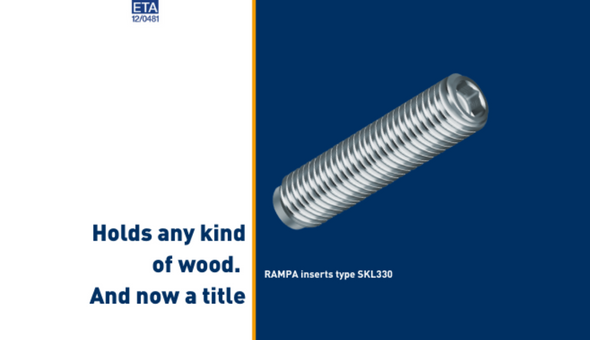 The RAMPA insert type SKL330 is shown as an example of ETA-approved threaded inserts. To the left is the ETA slogan "Holds any wood. And a title.".
