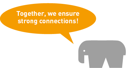 The RAMPAfant with a speech bubble advertising RAMPA's individual consulting service: "Together, we ensure strong connections!"