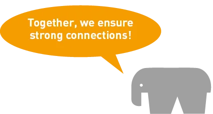 The RAMPAfant with a speech bubble advertising RAMPA's individual consulting service: "Together, we ensure strong connections!"